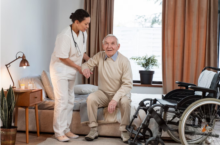 Nursing taking care of old women with smile