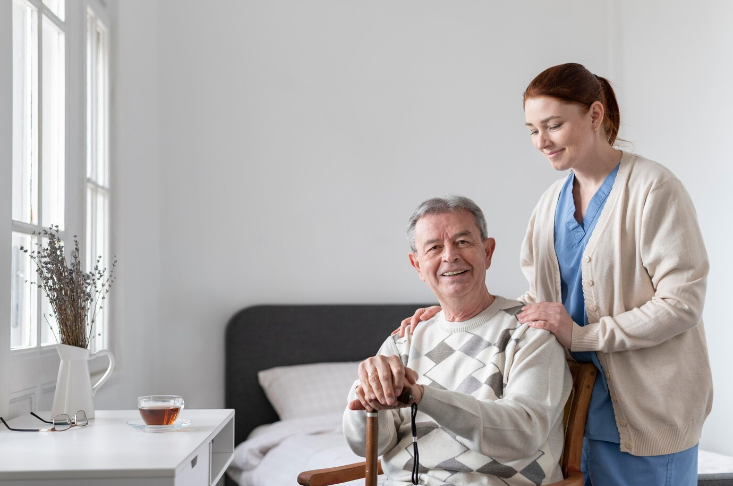 Nursing taking care of old men with smile